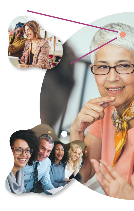 A collage with three pictures. One with two women looking at you laptop. A second larger image of an elder woman thinking. A third image of a diverse group of professionals smiling into the camera.