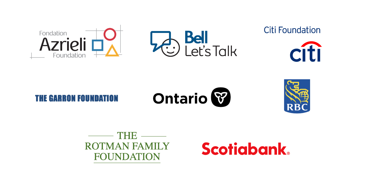Logos of Azrieli Foundation, Bell Let's Talk, Citi Foundation, The Garron Foundation, Government of Ontario, RBC, The Rothman Family Foundation, and Scotiabank 