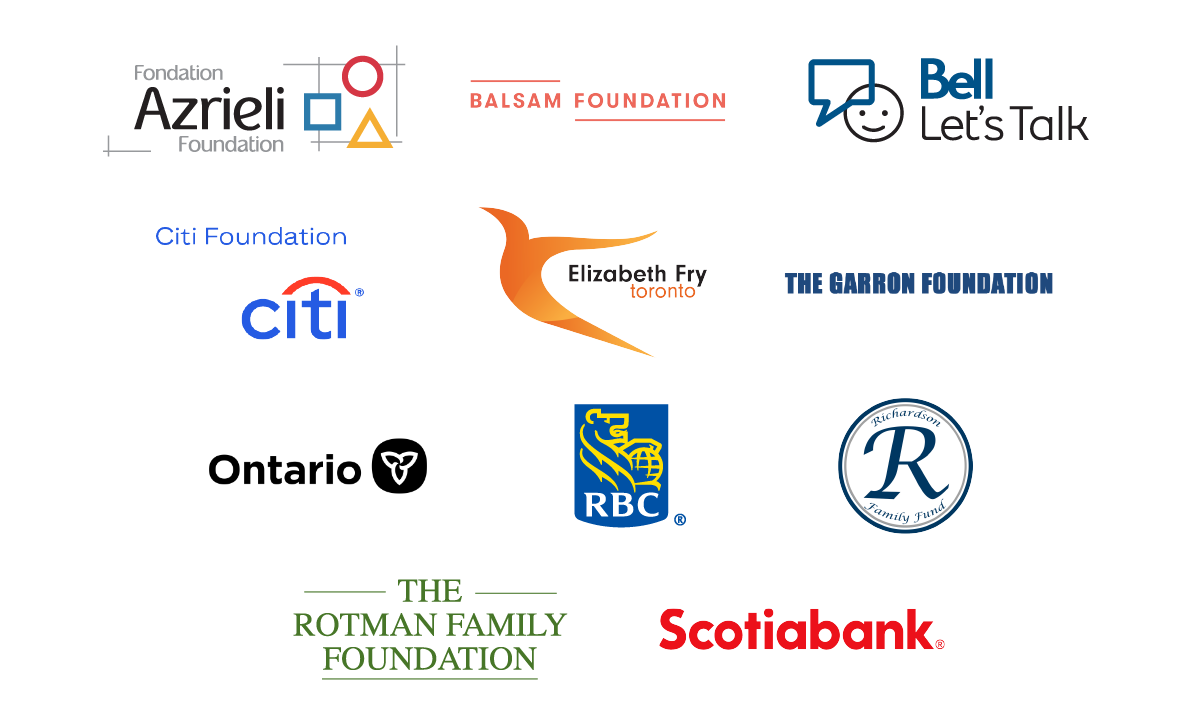 Logos of Azrieli Foundation, Bell Let's Talk, Citi Foundation, The Garron Foundation, Government of Ontario, RBC, The Rothman Family Foundation, and Scotiabank 